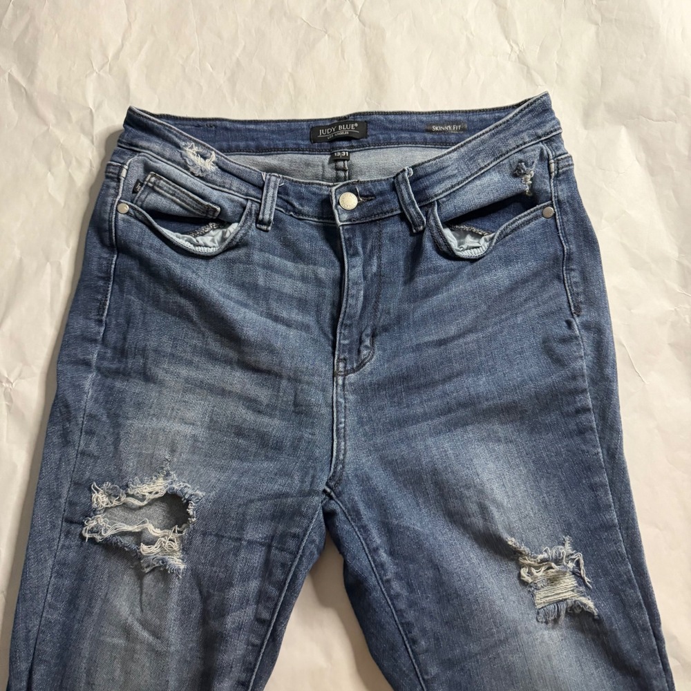 Judy Blue Skinny‎ Fit Distressed Faded Whisker Jeans Womens Size 13/31 Blue Wash